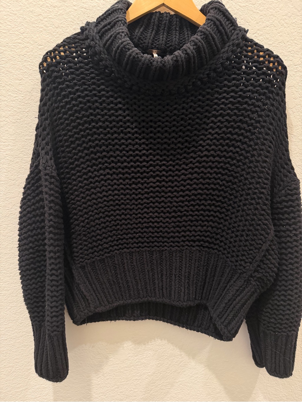 Free People Black Chunky Knit Turtleneck Sweater Open Shoulder Tie Detail Size S
